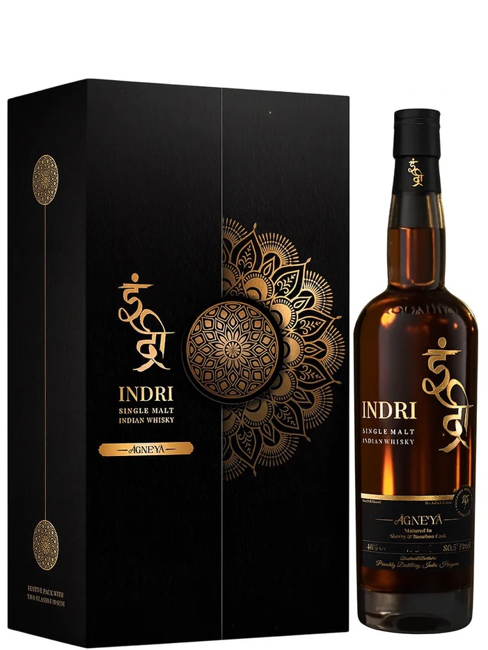 INDRI AGNEYA Giftpack 2 glazen 46% Single Malt Indian Whisky 70cl